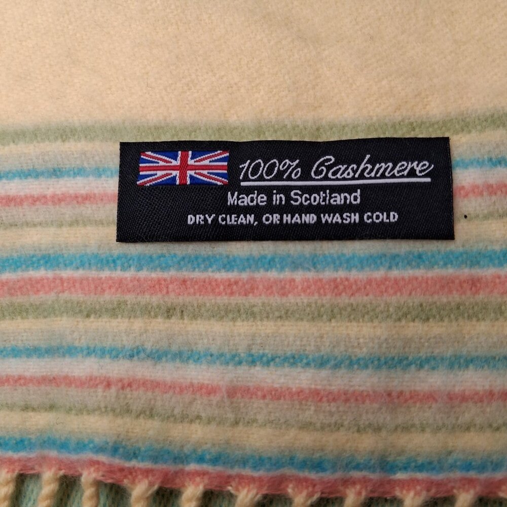 Cashmere Scarf Fringe Pastel Striped Yellow Salmon Blue Green Made in Scotland - Picture 2 of 8